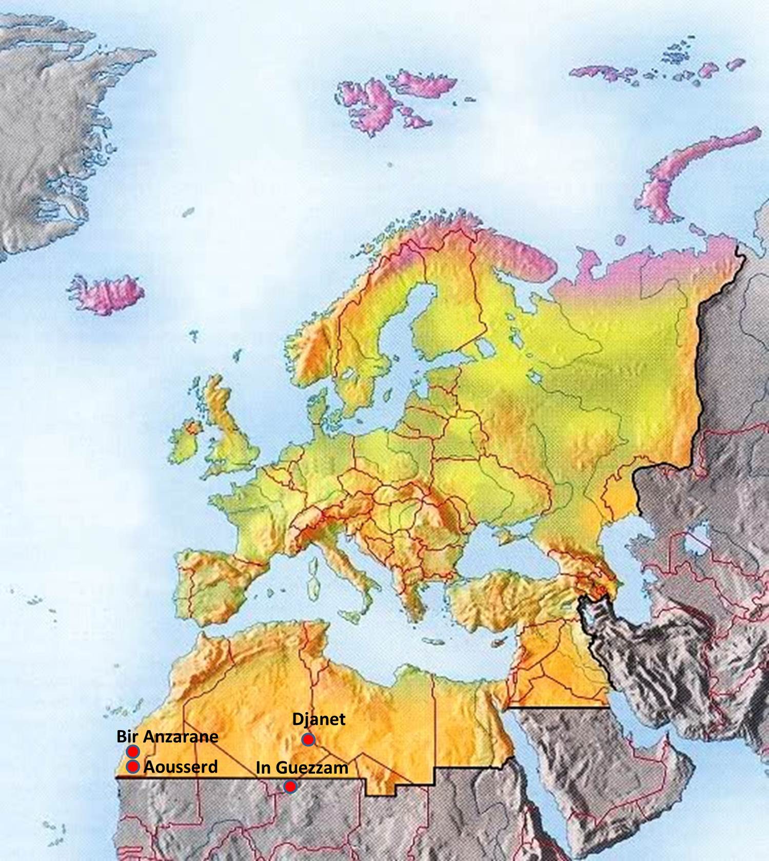 The locations of Sudan Golden Sparrow records in the Western Palearctic region (Morocco and Algeria)