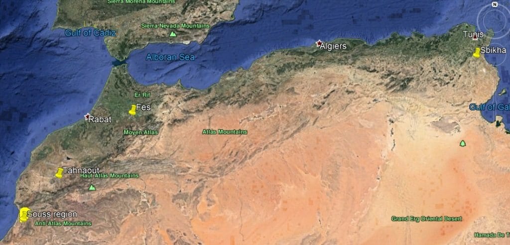 Breeding range of Great Spotted Cuckoo in Northwest Africa: Souss region and adjacent area, Tahnaout and Fes in Morocco, and the recently discovered population at Sbikha in central Tunisia.