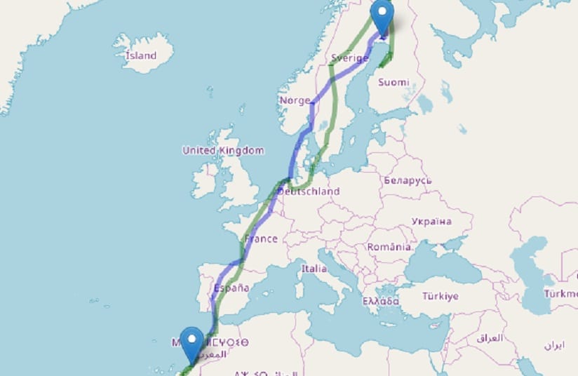 The migratory routes of the Finnish Pallid Harrier ‘Selja’: green track in 2018, blue track in 2019. (Data of LUOMUS - the Finnish Natural History Museum).