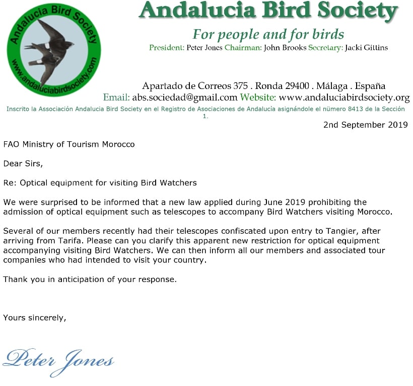 Letter to Morocco's Ministry of Tourism