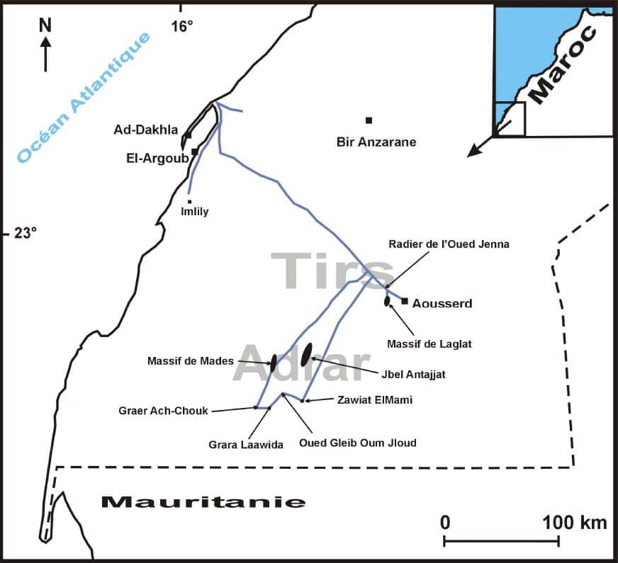 Our birding and naturalist trip are marked in blue line: It covered Dakhla, Imlily, Aousserd road to the areas known as Tirs and Adrar Soutouf.