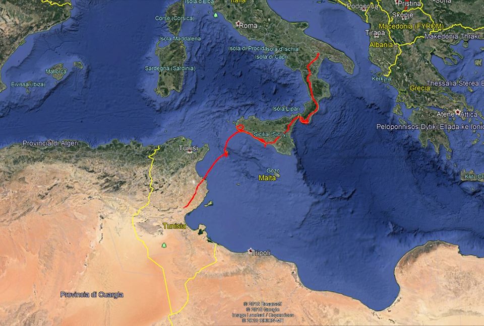 The migratory route of Bianca, a young Egyptian Vulture released in southern Italy, and found dead in Tunisia (CERM, Centro Rapaci Minacciati). The migratory route of Bianca, a young Egyptian Vulture released in southern Italy, and found dead in Tunisia (CERM, Centro Rapaci Minacciati).