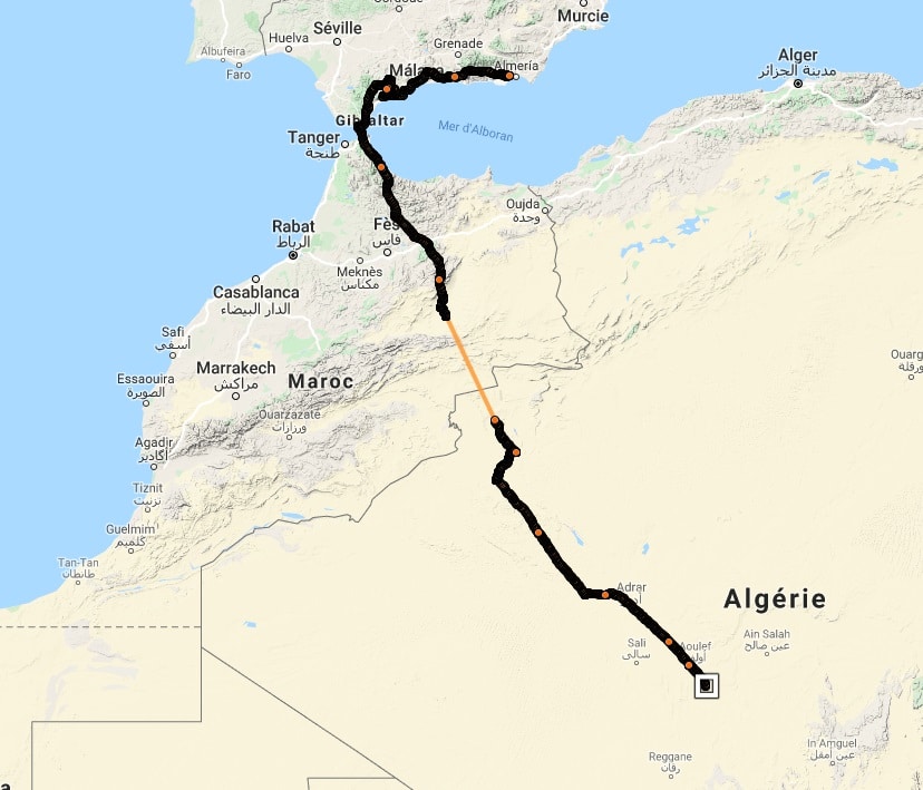 Xylophone’s journey from southern Spain to southern Algeria where the GPS tag stopped sending data. It started again when the bird reached the Sahel (LPO).